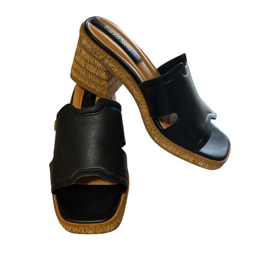 Franco Sarto Florence Sandals 6 Black Leather Raffia Block Heel Mules